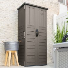 3 x 2 Suncast Mannington Storage Cabinet in Stone Grey - in situ, angle views