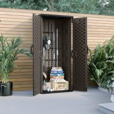 3 x 2 Suncast Mannington Storage Cabinet in Stone Grey - in situ, angle view, doors open