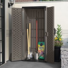 3 x 2 Suncast Mannington Storage Cabinet in Stone Grey - in situ, angle views, doors open