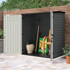 6x4 Suncast Extra Large Vertical Plastic Shed - in situ, angle view, doors open