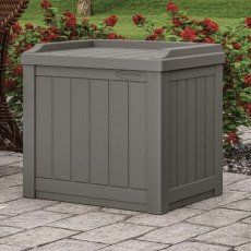 Suncast Stoney Grey Storage Seat - 83 Litre Capacity - in situ, angle view, lid closed