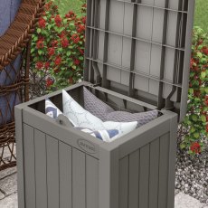 Suncast Stoney Grey Storage Seat - 83 Litre Capacity - in situ, angle view, lid open
