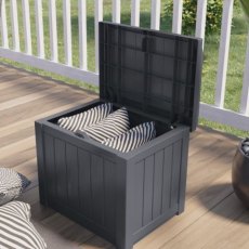 Suncast Cyber Space Storage Seat - 83 Litre Capacity - in situ, angle view, lid open