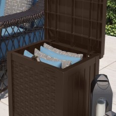 Suncast Storage Seat - Java Resin Wicker 83Litre Capacity - in situ, angle view, lid open
