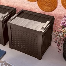 Suncast Georgia 83L Outdoor Storage Box in Java Brown - in situ, top view