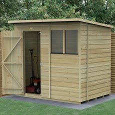 7x5 Forest Beckwood Tongue & Groove Pent Wooden Shed - in situ, angle view, doors open