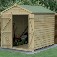 8x6 Forest Beckwood Tongue & Groove Windowless Apex Wooden Shed with Double Doors - in situ, angle view, doors open