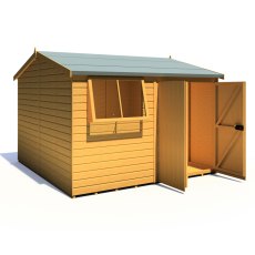 10x10 Shire Reverse Apex Workspace Workshop Wooden Shed with Double Doors - isolated angle view, doors open