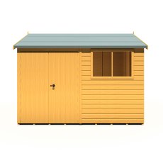 10x10 Shire Reverse Apex Workspace Workshop Wooden Shed with Double Doors - isolated front view, doors closed