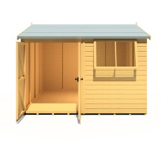 10x10 Shire Reverse Apex Workspace Workshop Wooden Shed with Double Doors - isolated front view, doors open