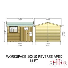 10x10 Shire Reverse Apex Workspace Workshop Wooden Shed with Double Doors - dimensions