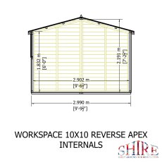 10x10 Shire Reverse Apex Workspace Workshop Wooden Shed with Double Doors - internal dimensions