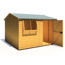 10x10 Shire Reverse Apex Workspace Workshop Wooden Shed - isolated angle view, doors open