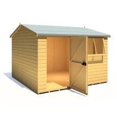 10x10 Shire Reverse Apex Workspace Workshop Wooden Shed - isolated angle view, doors open, LHS door