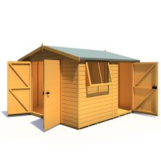 10x10 Shire Reverse Apex Workspace Workshop Wooden Shed with Single & Double Door - isolated angle view, doors open