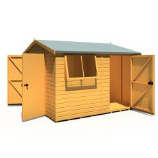 10x10 Shire Reverse Apex Workspace Workshop Wooden Shed with Single & Double Door - isolated front angle view, doors open