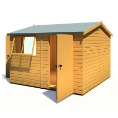 10x10 Shire Reverse Apex Workspace Workshop Wooden Shed with Single & Double Door - isolated front view, doors open