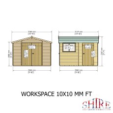 10x10 Shire Reverse Apex Workspace Workshop Wooden Shed with Single & Double Door - dimensions