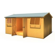 10x15 Shire Atlas Premium Reverse Apex Shiplap Wooden Shed with Double Doors - isolated angle view, doors open