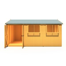 10x15 Shire Atlas Premium Reverse Apex Shiplap Wooden Shed with Double Doors - isolated front view, LHS Door, doors open