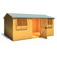 10x15 Shire Reverse Apex Workspace Workshop Wooden Shed - isolated angle view, doors open