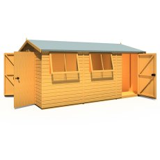 10 x 15 Shire Reverse Apex Workspace Workshop Wooden Shed with Single and Double doors - isolated angle view, RHS door. doors open