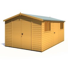10 x 15 Shire Reverse Apex Workspace Workshop Wooden Shed with Single and Double doors - isolated front view, doors closed