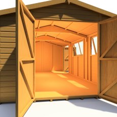 10 x 15 Shire Reverse Apex Workspace Workshop Wooden Shed with Single and Double doors - isolated internal view
