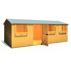 10x20 Shire Reverse Apex Workspace Workshop Wooden Shed - isolated angle view, doors open