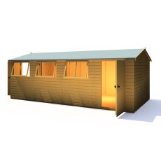10x20 Shire Reverse Apex Workspace Workshop Wooden Shed with Single & Double Doors - isolated, side angle view, doors open
