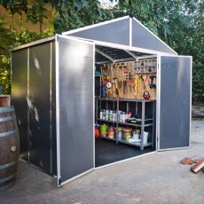 8x8 Palram Canopia Rubicon Plastic Apex Shed - Dark Grey - in situ, angle view, doors open