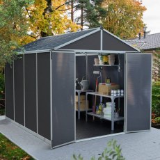 8x10 Palram Canopia Rubicon Plastic Apex Shed - Dark Grey - in situ, angle view, doors open