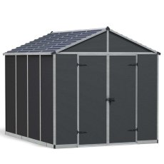 8x10 Palram Canopia Rubicon Plastic Apex Shed - Dark Grey - isolated angle view, doors closed