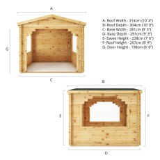 3mx3m Mercia Log Cabin Gazebo in 28mm Logs - dimensions