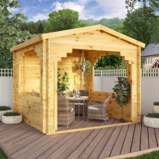 3mx3m Mercia Log Cabin Gazebo in 28mm Logs - in stiu, angle view