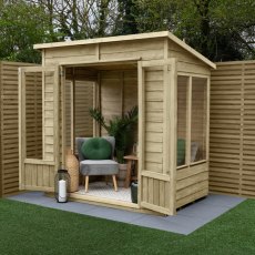 6x4 Forest Oakley Pent Summerhouse - Pressure Treated - in situ, angle view, doors open