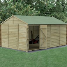 15x10 Forest Beckwood Tongue & Groove Reverse Apex Windowless Wooden Shed - in situ, angle view, doors open