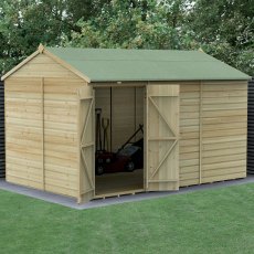 12x8 Forest Beckwood Tongue & Groove Reverse Apex Windowless Wooden Shed - in situ, angle view, doors open
