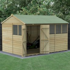12 x 8 Forest Beckwood Tongue & Groove Reverse Apex Wooden Shed with Double Doors - in situ, angle view, doors open