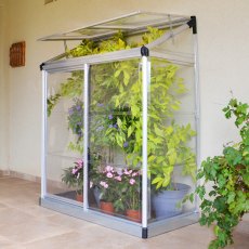 4 x 2 Palram Canopia Lean-to Greenhouse - in situ, side angle view, door open