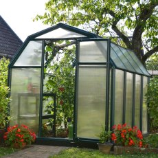 6x8 Palram Canopia EcoGrow Greenhouse - in situ, angle view, tomatos