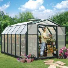 8x12 Palram Canopia Hobby Gardener Greenhouse - in situ, angle view, doors open