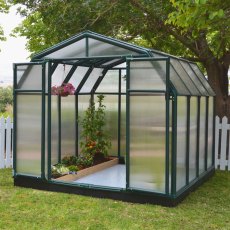 8x8 Palram Canopia Hobby Gardener Greenhouse - in situ, angle side view, doors open