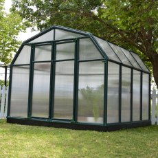 8x8 Palram Canopia Hobby Gardener Greenhouse - in situ, angle view, doors closed