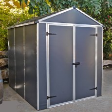 6x8 Palram Canopia Rubicon Plastic Apex Shed - Dark Grey - in situ, angle view