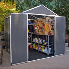 6x8 Palram Canopia Rubicon Plastic Apex Shed - Dark Grey - in situ, angle view, doors open