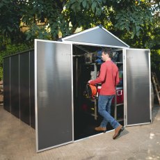 6x12 Palram Canopia Rubicon Plastic Apex Shed - Dark Grey - in situ, angle view, doors open
