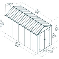 6x12 Palram Canopia Rubicon Plastic Apex Shed - Dark Grey - dimensions