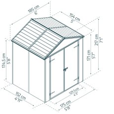 6x5 Palram Canopia Rubicon Plastic Apex Shed - Dark Grey - dimensions