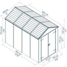 6x10 Palram Canopia Rubicon Plastic Apex Shed - Dark Grey - dimensions